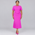 Model wearing magenta pink asymmetric button midi dress with pleated hem