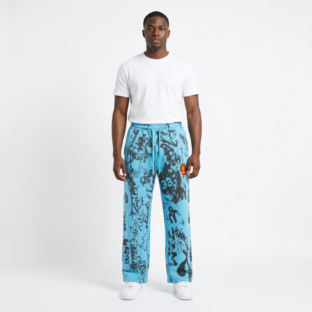 Adult Black model wearing bright blue graffiti-print drawstring joggers