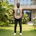 Nigerian male model wearing sand beige graphic sleeveless vest in outdoor setting
