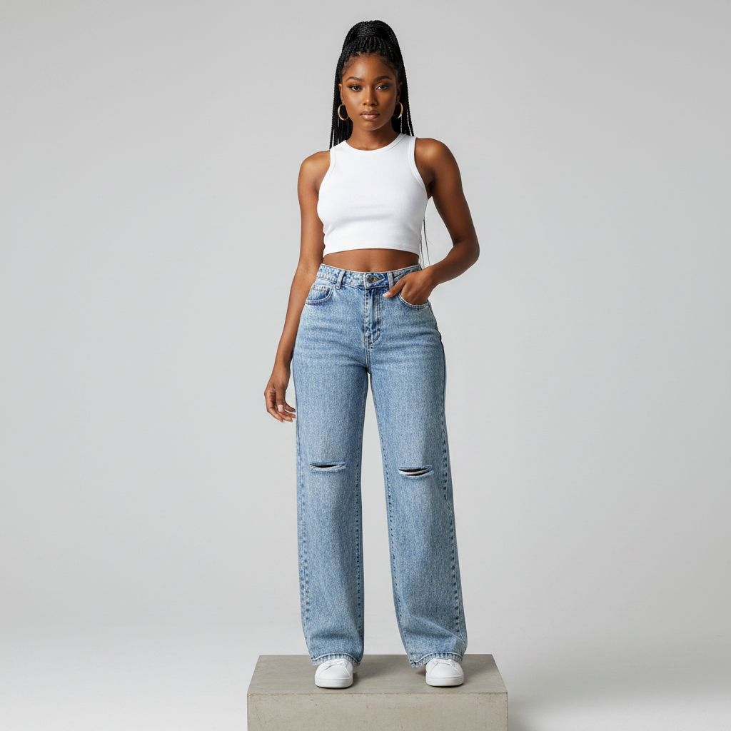Light Blue Acid-Wash Knee Slash Wide-Leg Jeans - Model Front