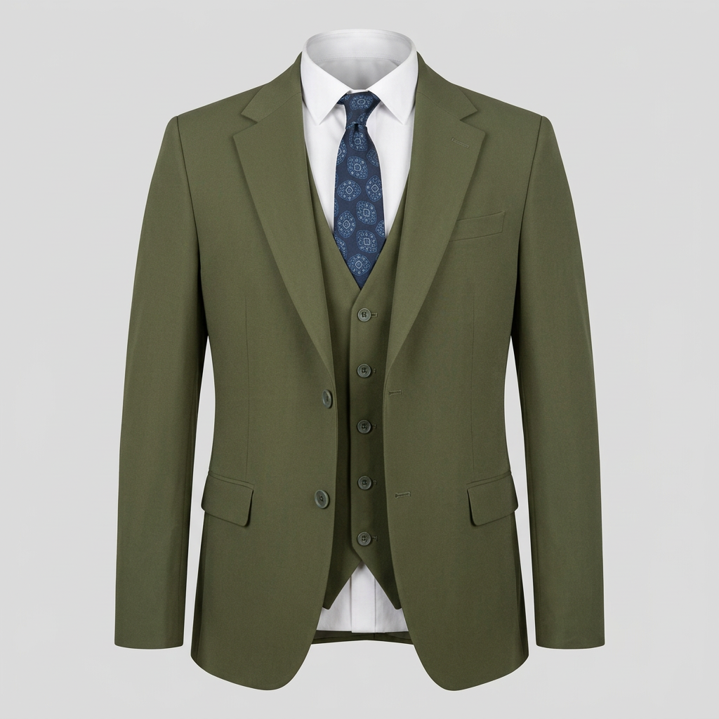 Olive green suit jacket and waistcoat in ghost mannequin styling
