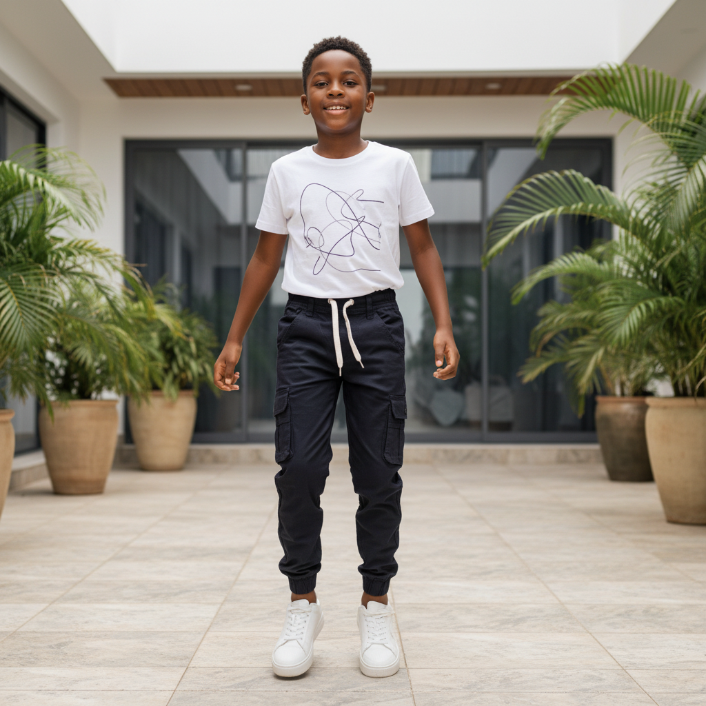 Boys navy cargo jogger trousers worn by young model