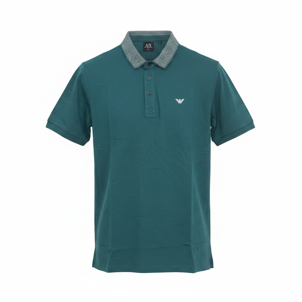 Teal polo shirt with geometric contrast collar ghost mannequin front view on white background