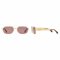 Unisex rectangular navigator sunglasses with gold double bridge and pink mauve lenses – front and side ghost mannequin view on white background
