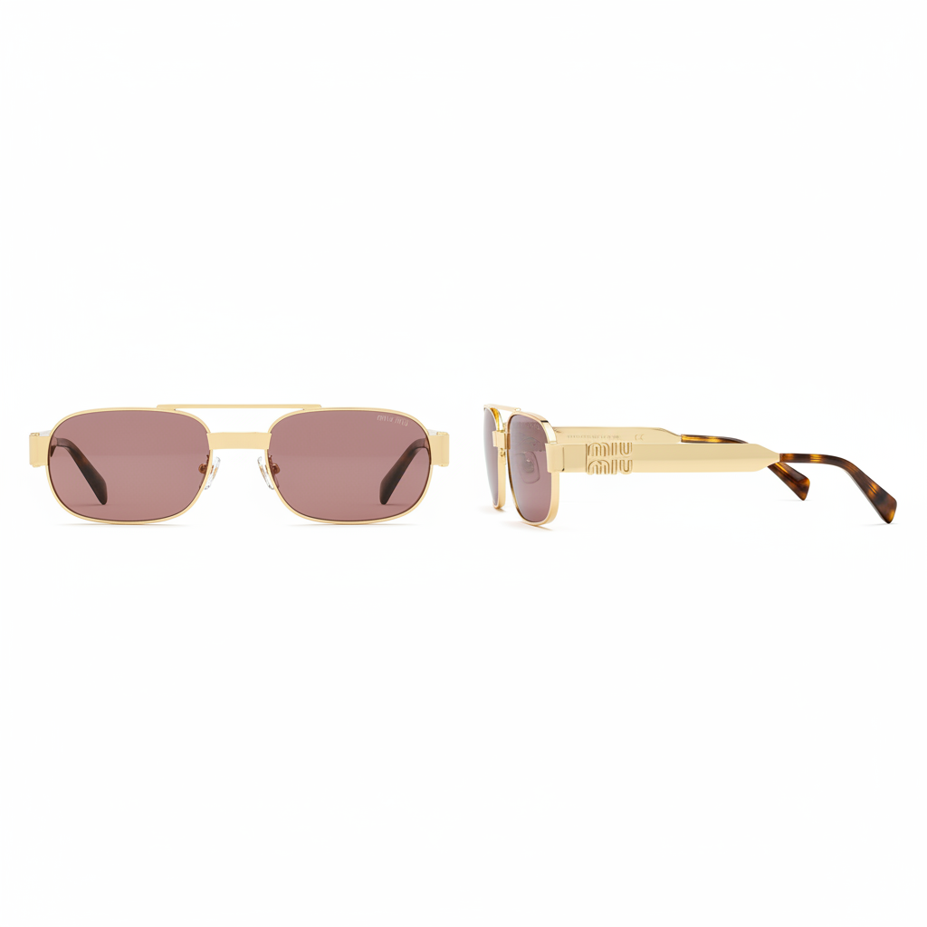 Unisex rectangular navigator sunglasses with gold double bridge and pink mauve lenses – front and side ghost mannequin view on white background