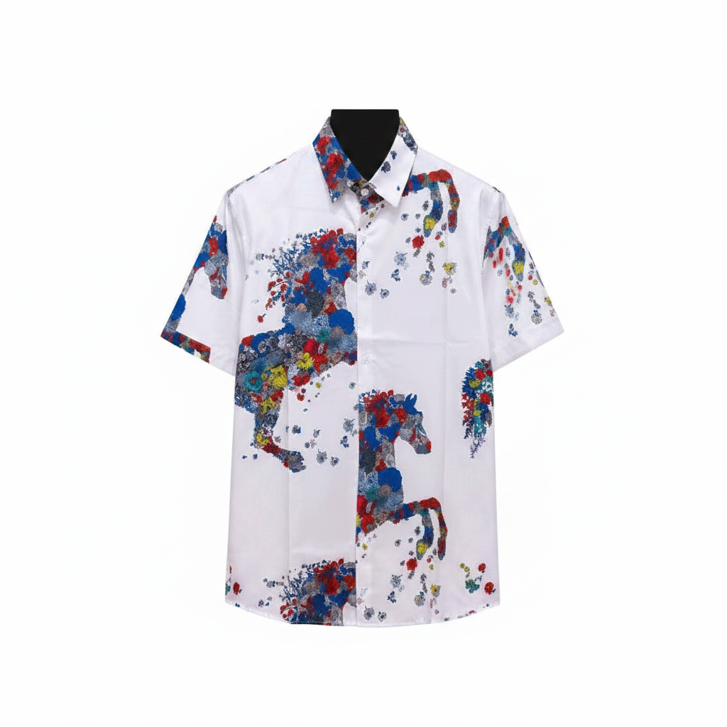 Men's white floral horse graphic short-sleeve shirt ghost mannequin front view