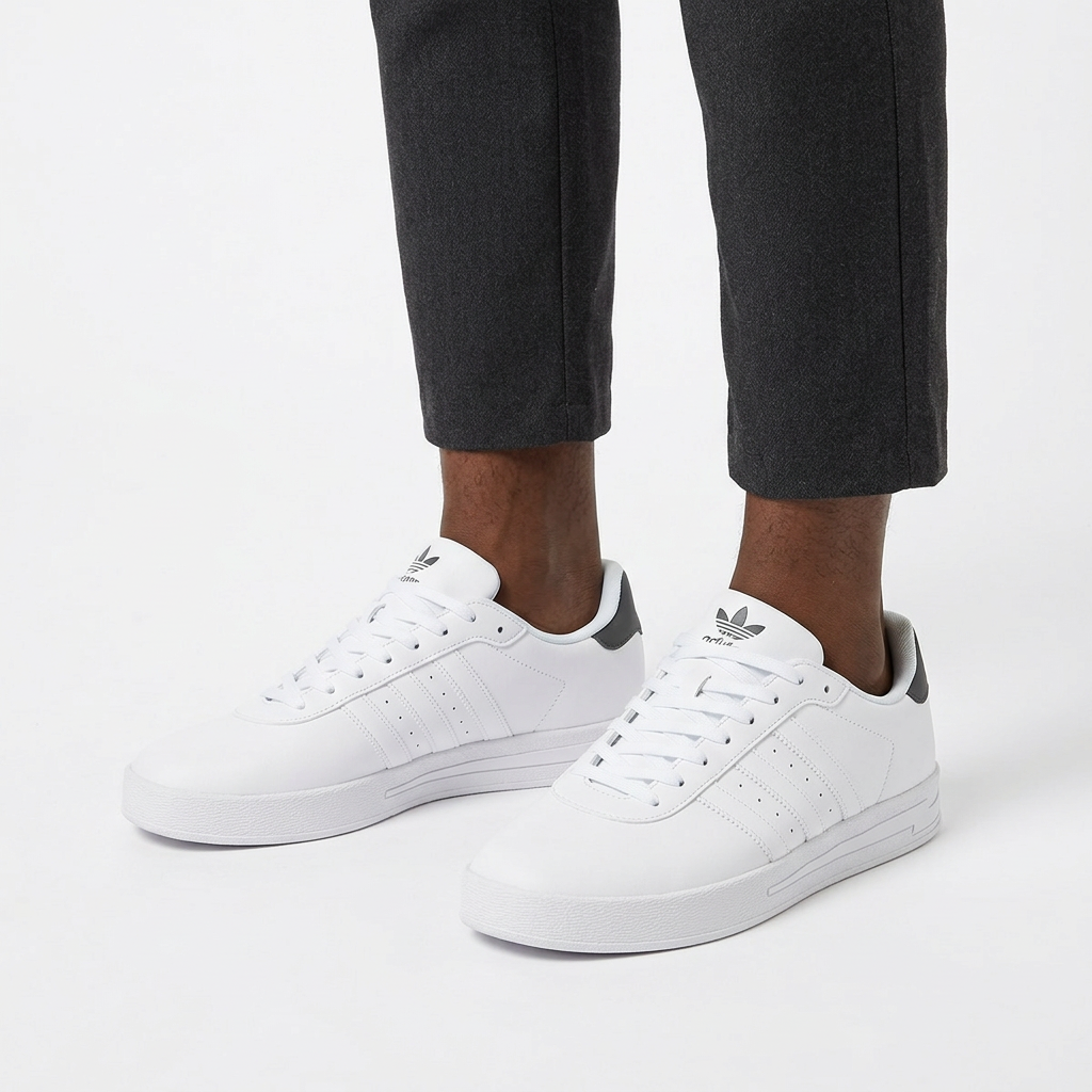 Men's white tonal-stripe sneakers worn ankle-down on a pure white studio background