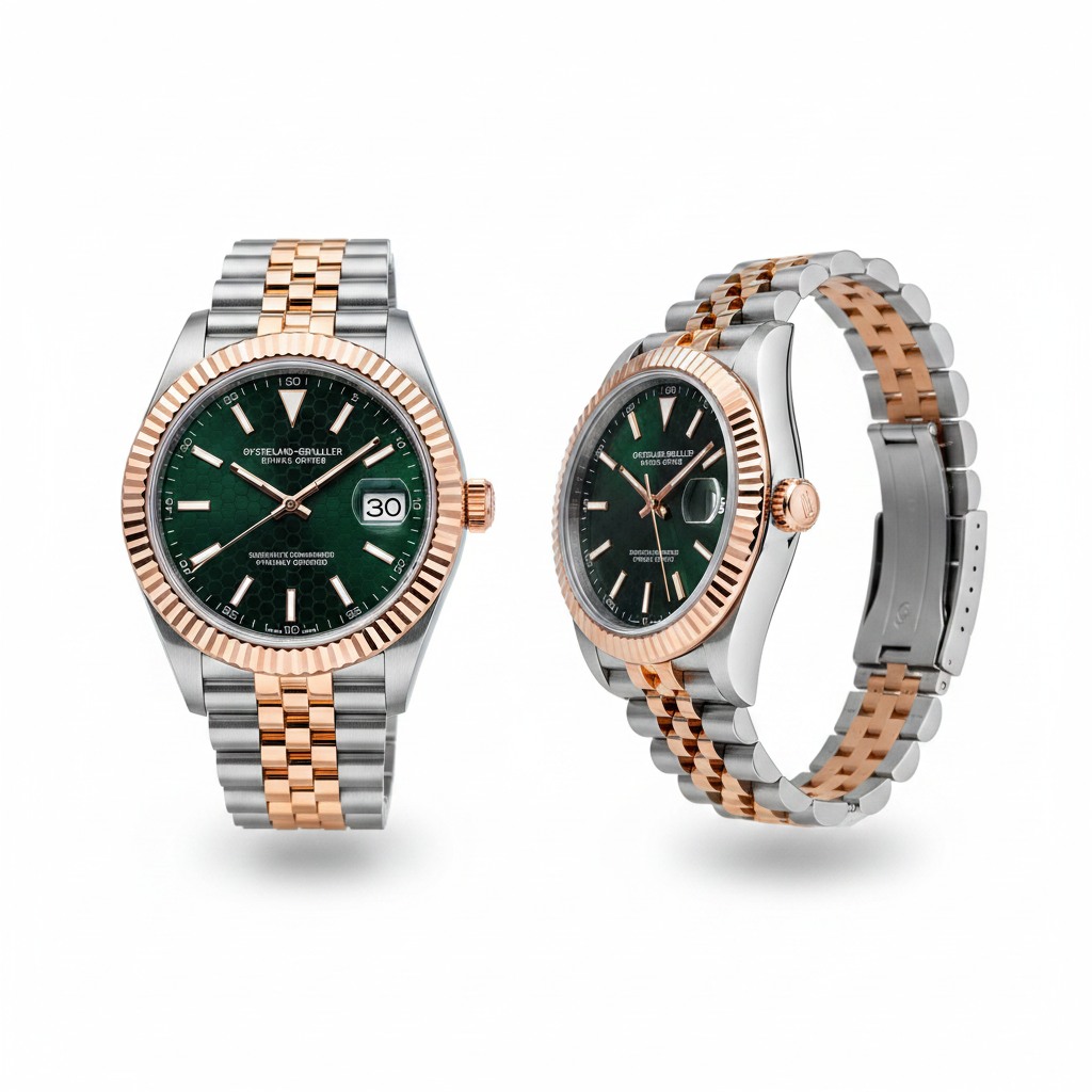 Green honeycomb dial two-tone rose gold steel couple watch — ghost mannequin front and side view