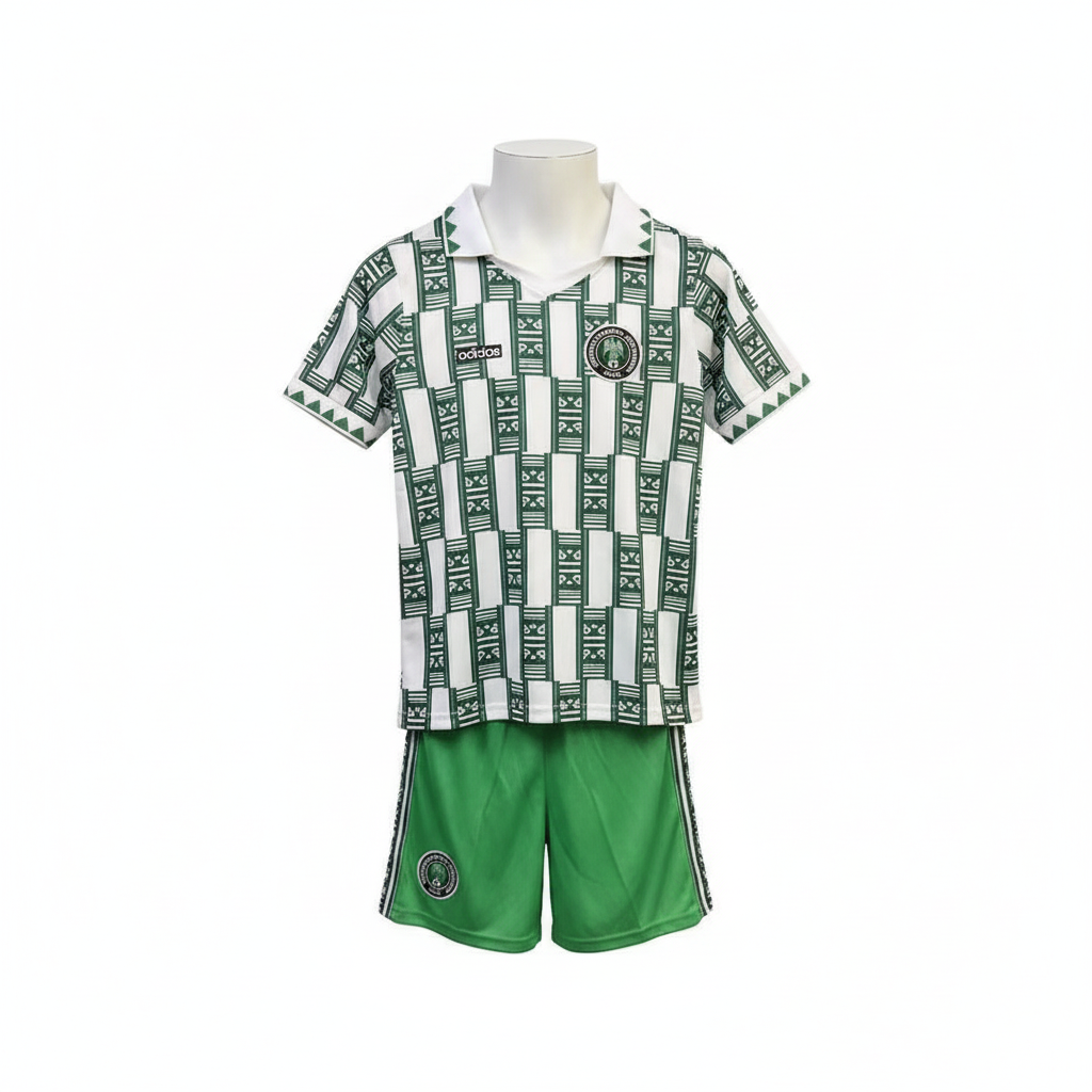 Kids' white & green tribal-print football jersey set – ghost mannequin front view on white background