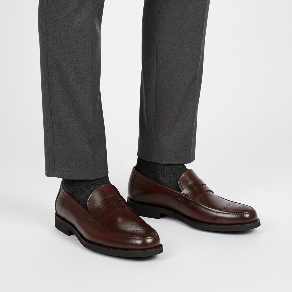Close-up leg focus of men's brown leather brogue toe penny loafer shoes