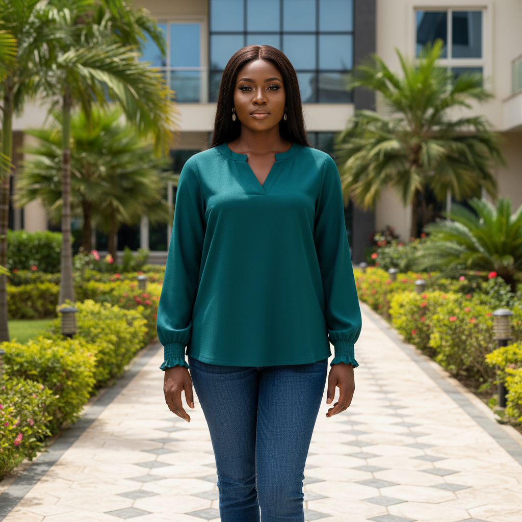 Teal balloon sleeve split neck blouse - front model view