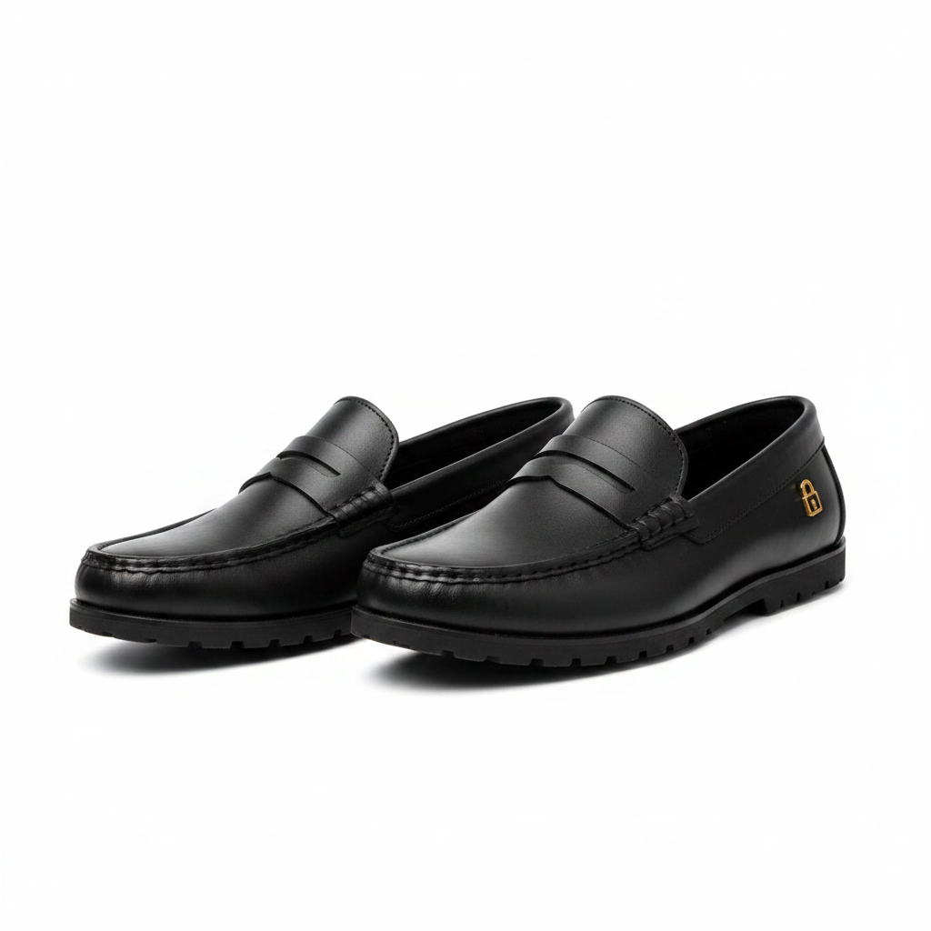 Pair of black leather penny loafers with lug sole on a white background