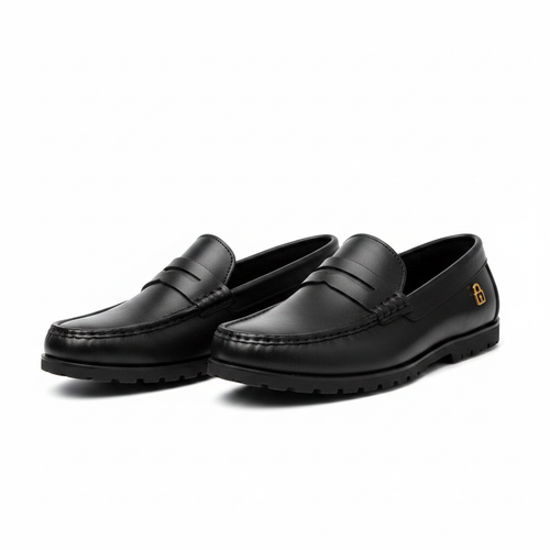 Pair of black leather penny loafers with lug sole on a white background