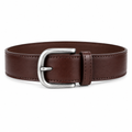 Dark Brown Leather Antique Silver D-Buckle Stitched Belt - Front View