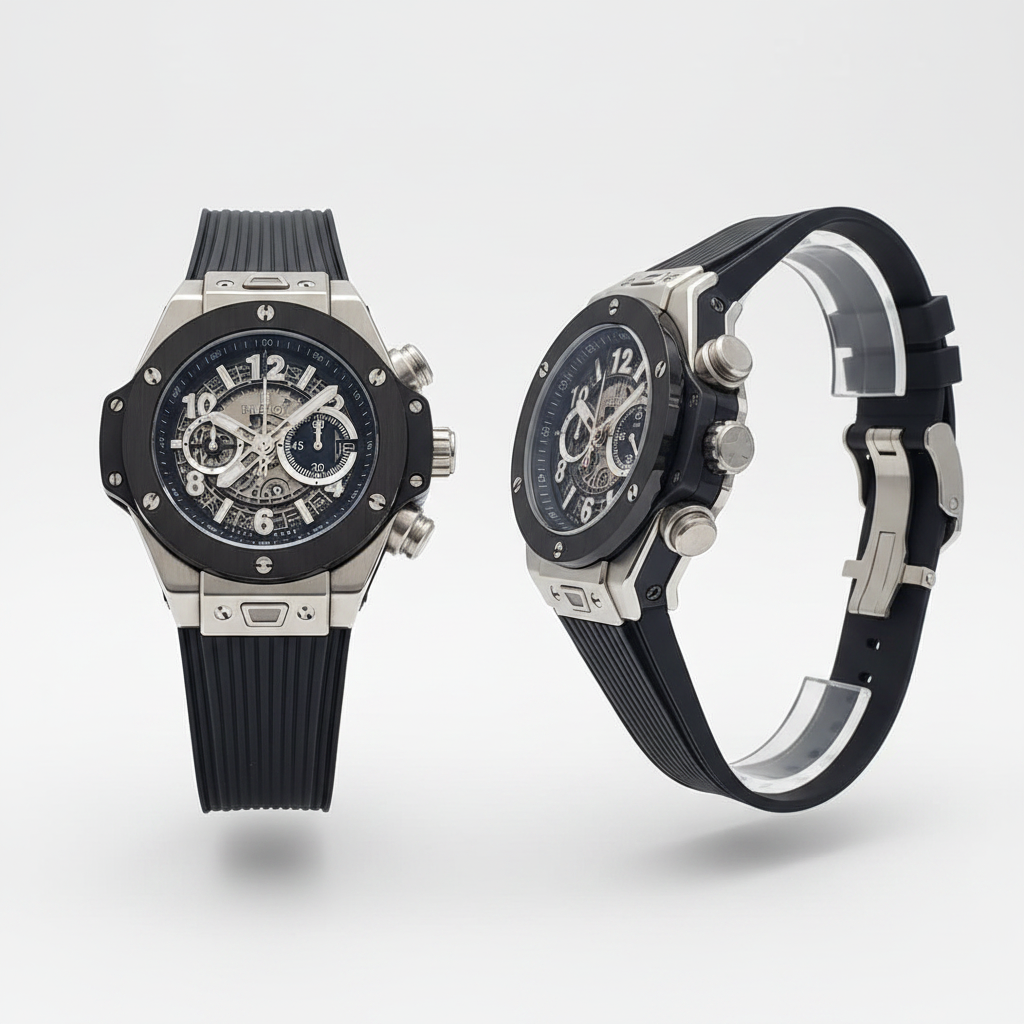 Men's silver black ceramic skeleton chronograph sport watch — ghost mannequin front and side view