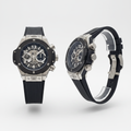 Men's silver black ceramic skeleton chronograph sport watch — ghost mannequin front and side view