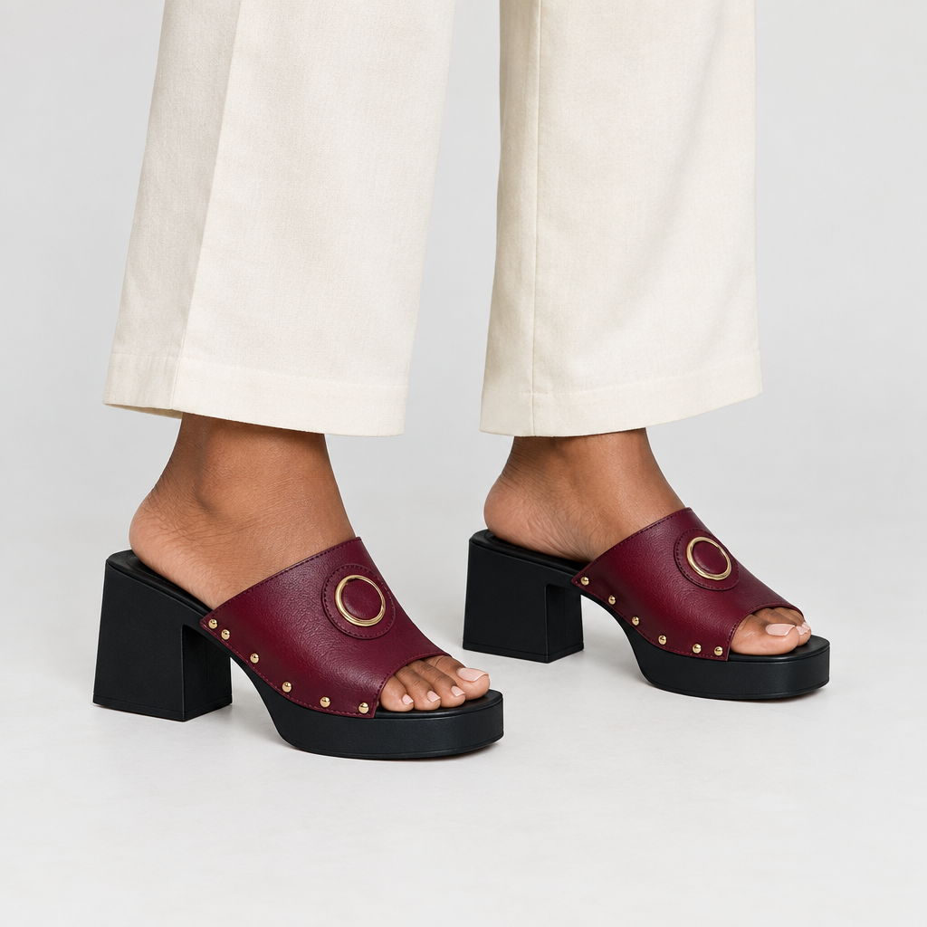 Leg-focused model wearing burgundy gold-ring platform slide sandals