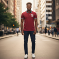 Nigerian model wearing red prosperity phoenix polo shirt