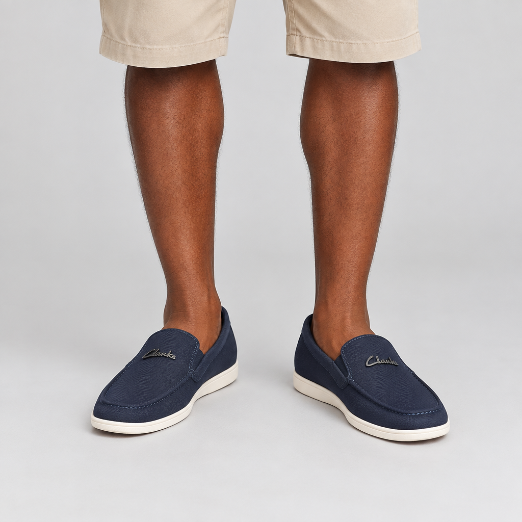 Navy slip-on shoes worn with neutral trousers