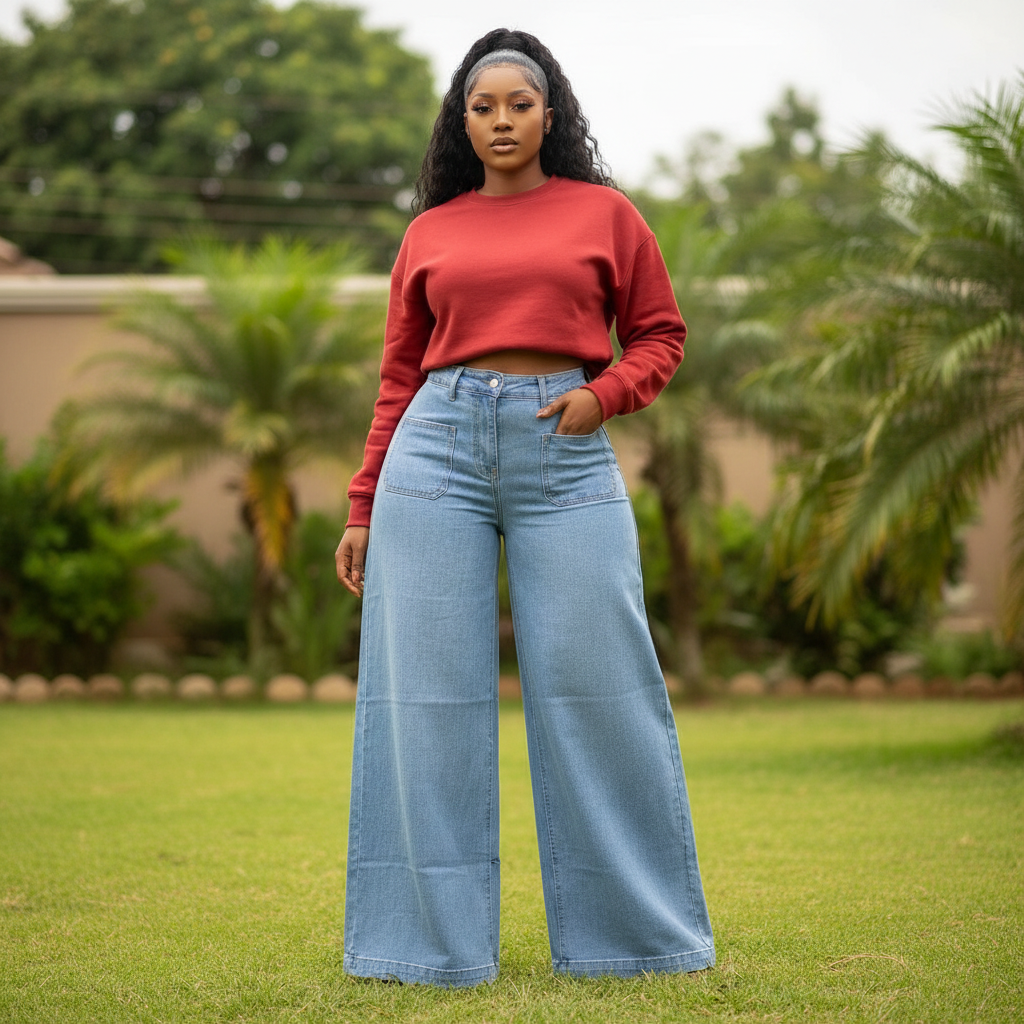 Nigerian female model wearing light blue ultra wide leg palazzo denim jeans in garden setting