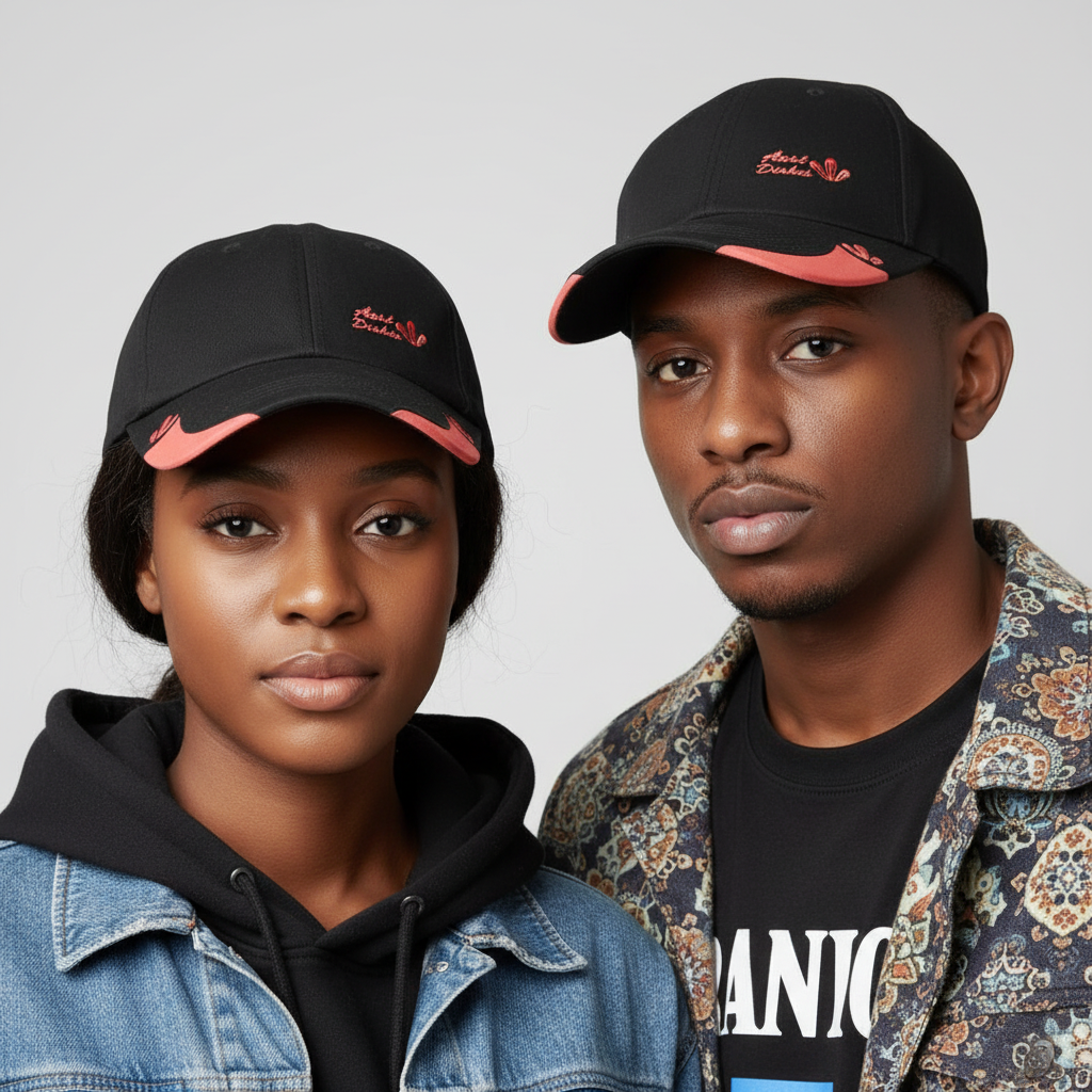 Nigerian male and female models wearing black floral script dad cap with coral pink brim