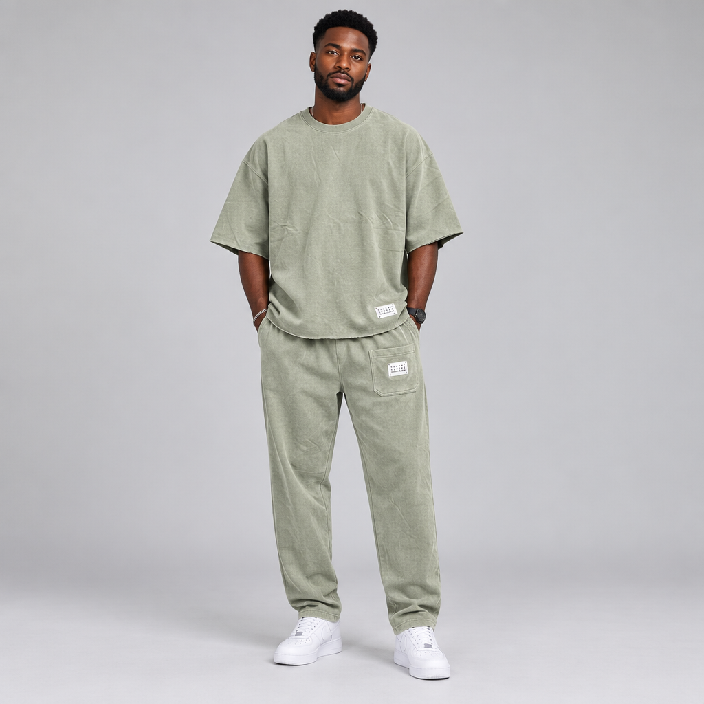 Nigerian male model wearing sage green oversized t-shirt and jogger tracksuit set