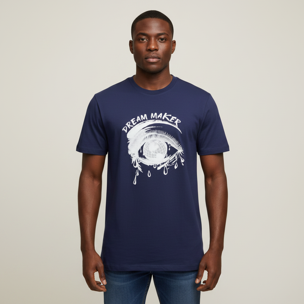 Black Nigerian male model wearing a navy Dream Maker graphic T-shirt