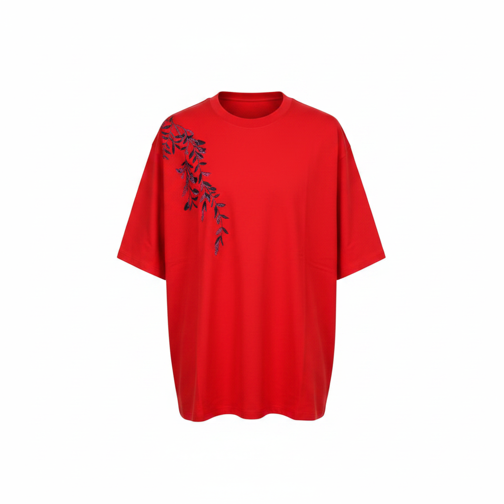 Unisex red diagonal botanical floral graphic oversized tee – ghost mannequin front view