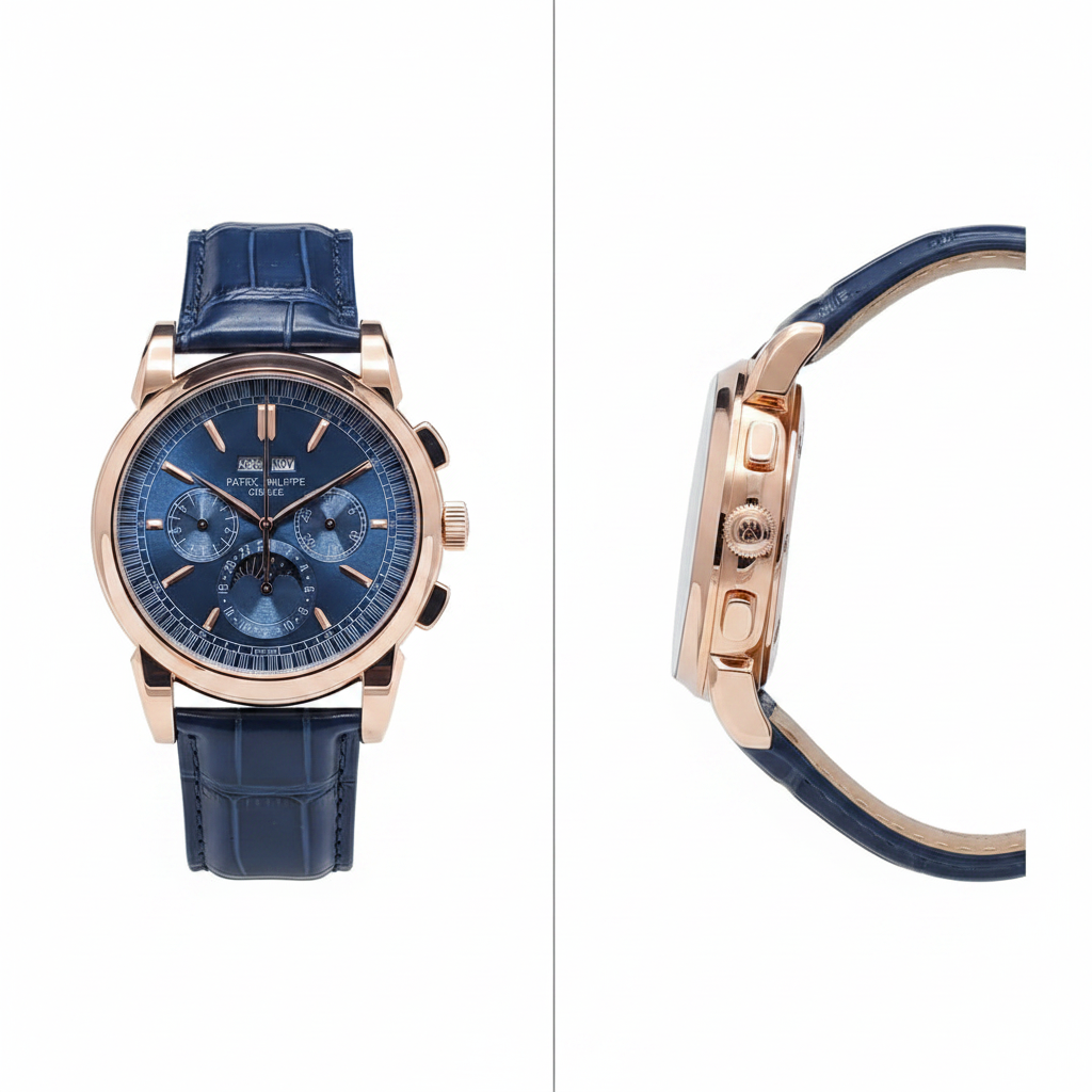 Men's rose gold chronograph navy blue dial moon phase watch — ghost mannequin front and side view, blue leather strap
