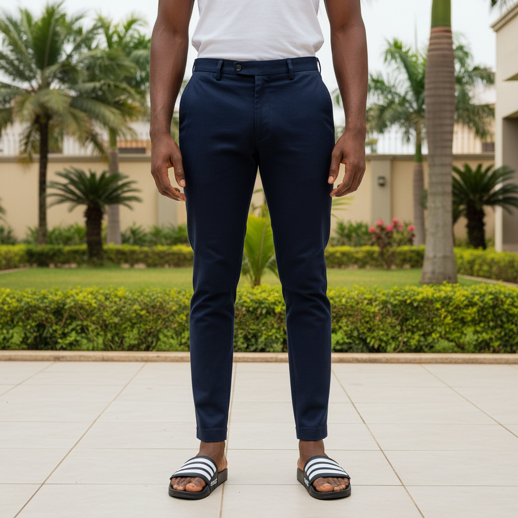 Nigerian male model wearing black triple stripe slide sandals with dark navy trousers in garden setting