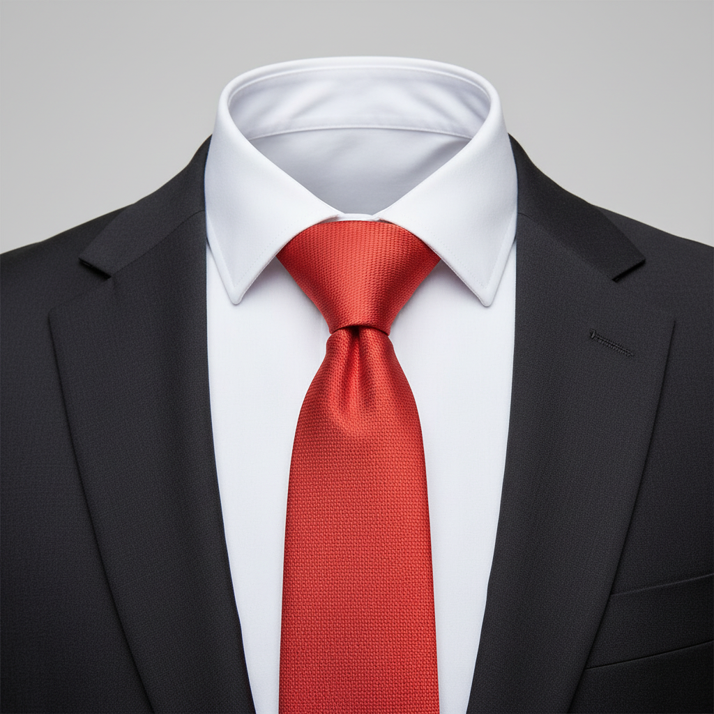 Men's scarlet red micro-texture diagonal weave woven necktie on ghost mannequin with white shirt and charcoal suit