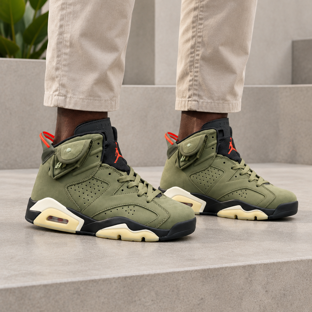 Realistic olive green high-top sneakers worn on both feet