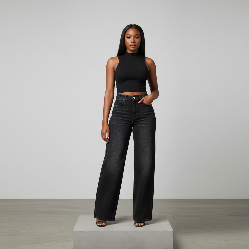 Black Washed Wide-Leg Straight Jeans - Model Front