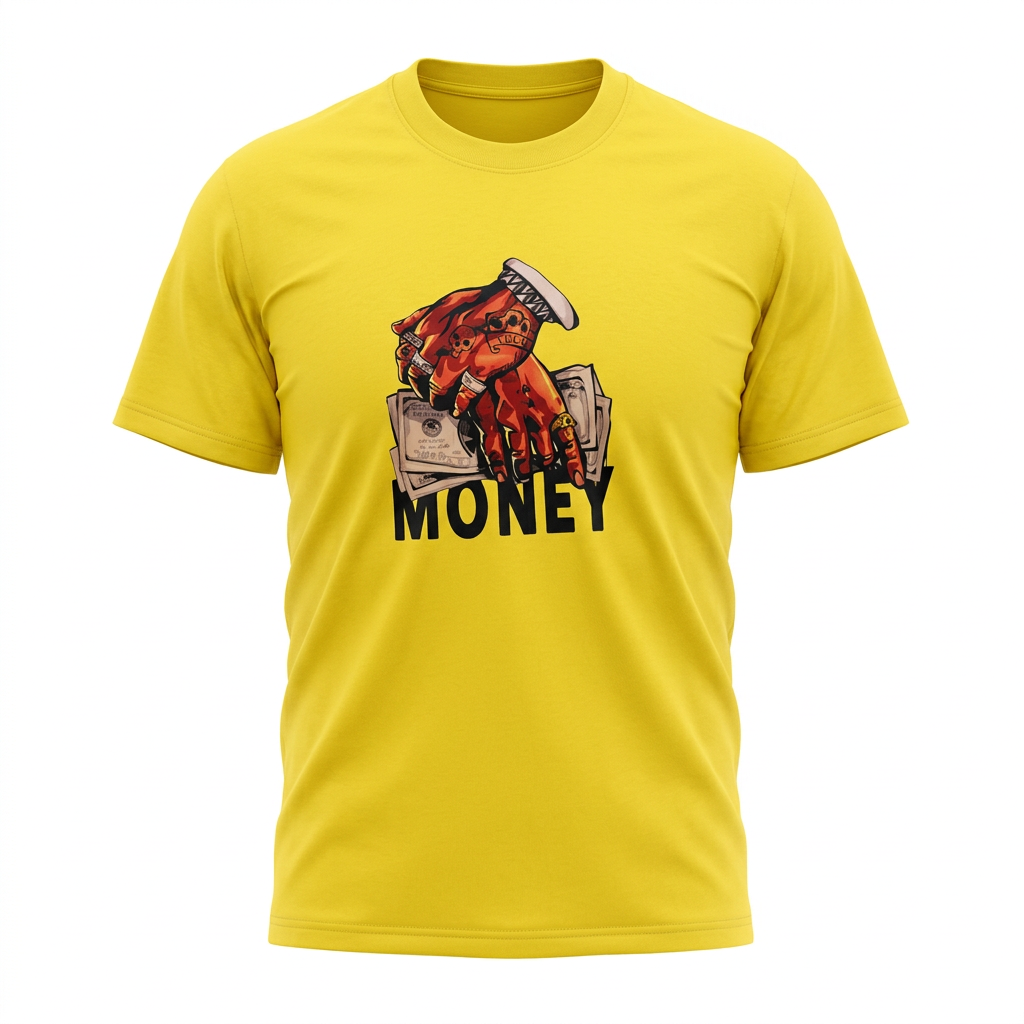 Yellow crew-neck graphic T-shirt in ghost mannequin style
