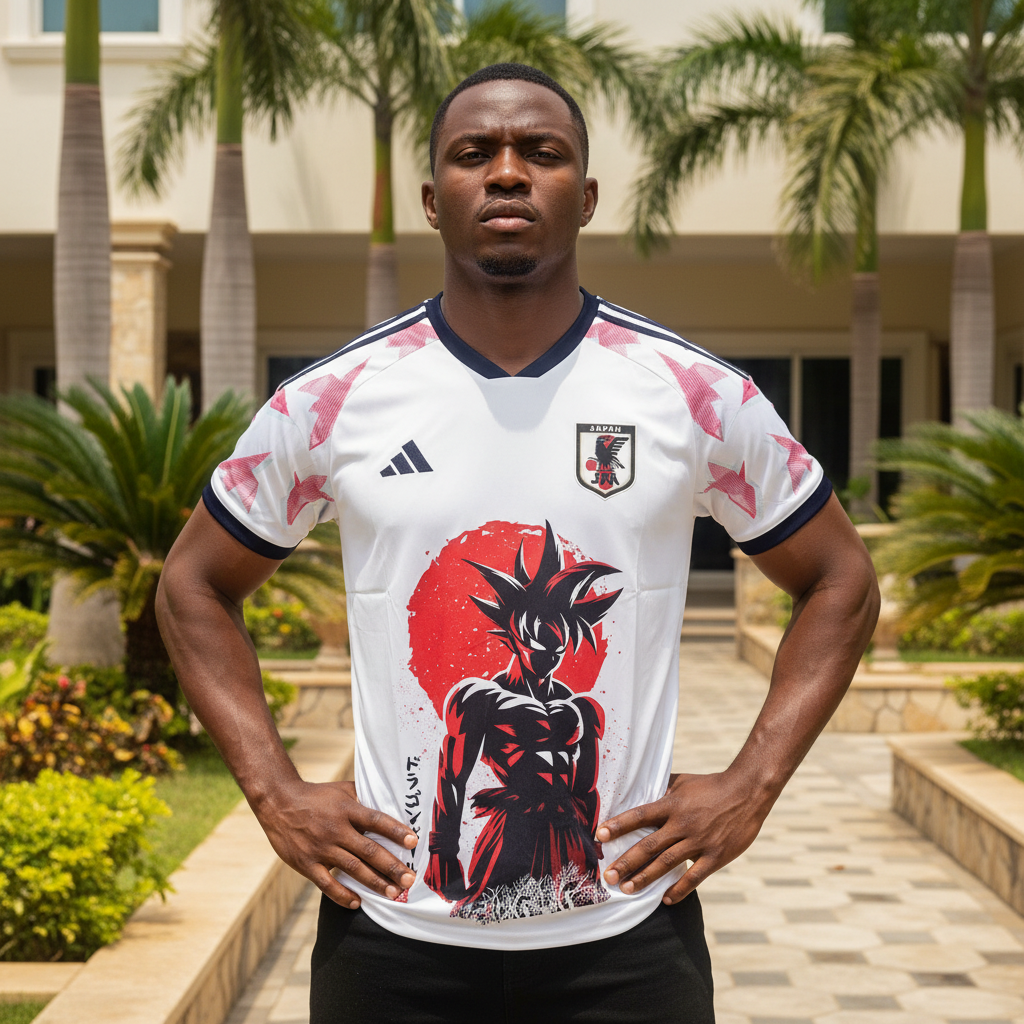 Nigerian male model wearing white anime warrior football jersey front view