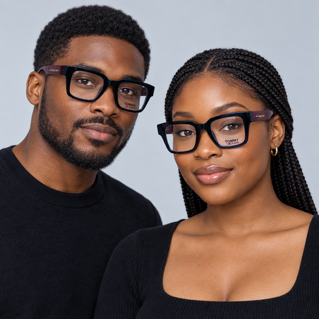 Black rectangular eyeglasses with burgundy arms worn by a Black adult man and woman