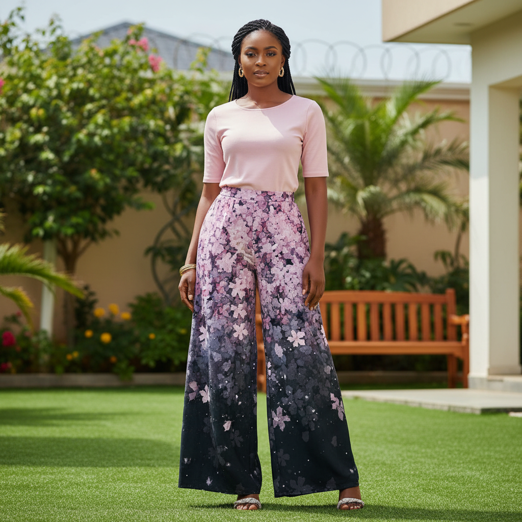 Model shot — Women's Navy Cherry Blossom Wide-Leg Palazzo Trousers