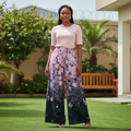 Model shot — Women's Navy Cherry Blossom Wide-Leg Palazzo Trousers