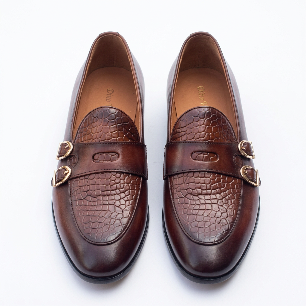 Straight-on burgundy-brown crocodile-effect loafers with twin gold-tone buckles