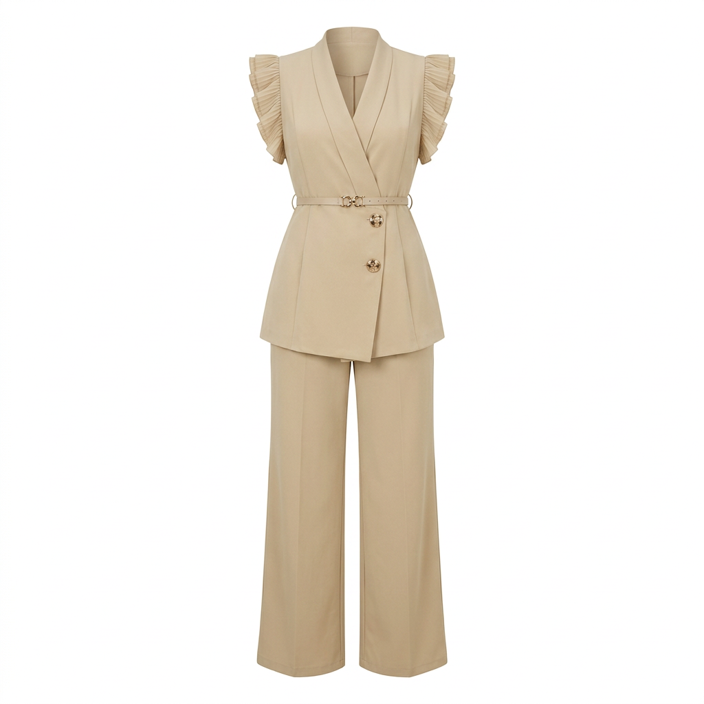 Beige ruffle-shoulder belted top and wide-leg trouser set, mannequin view