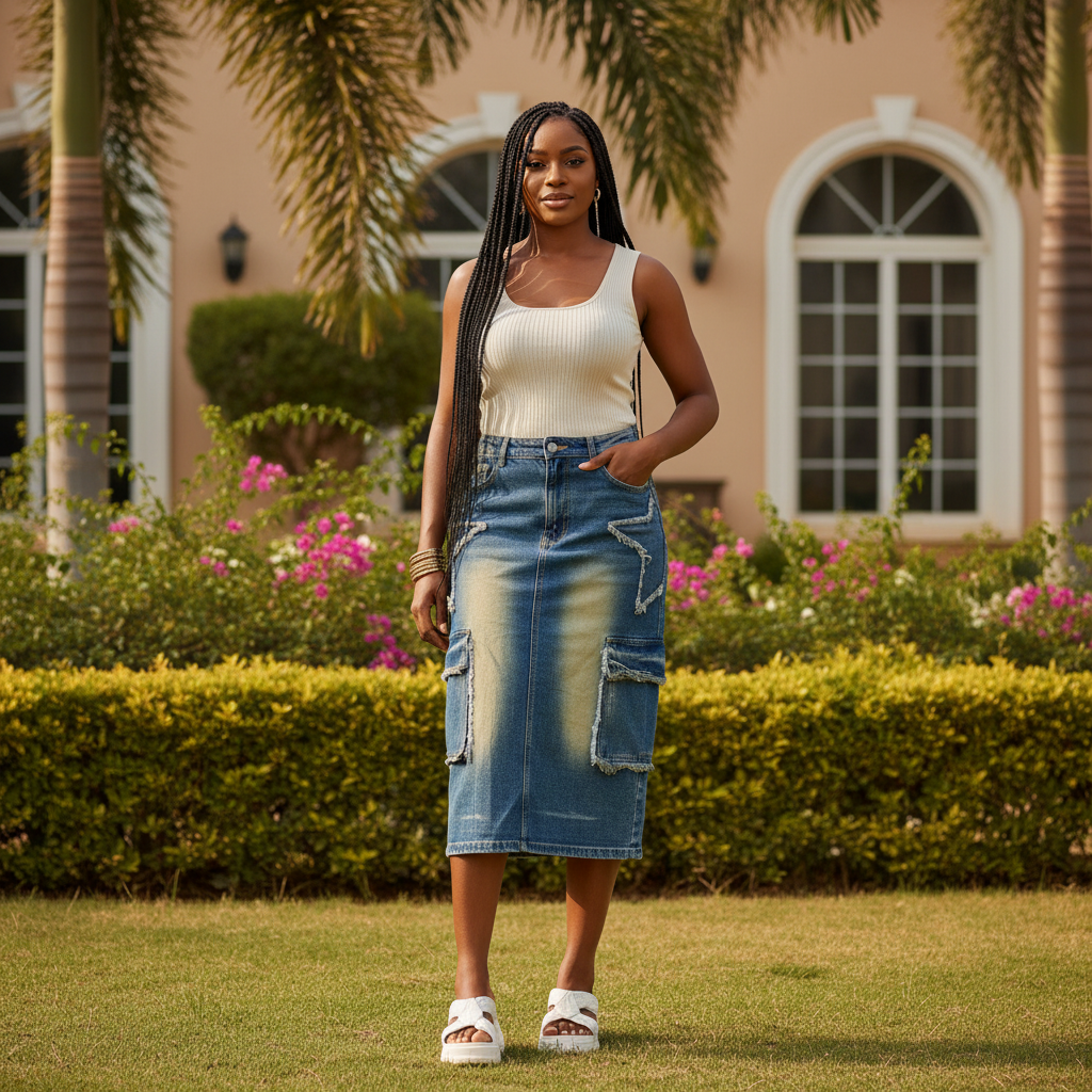 Nigerian female model wearing Women's Distressed Denim Cargo Midi Skirt