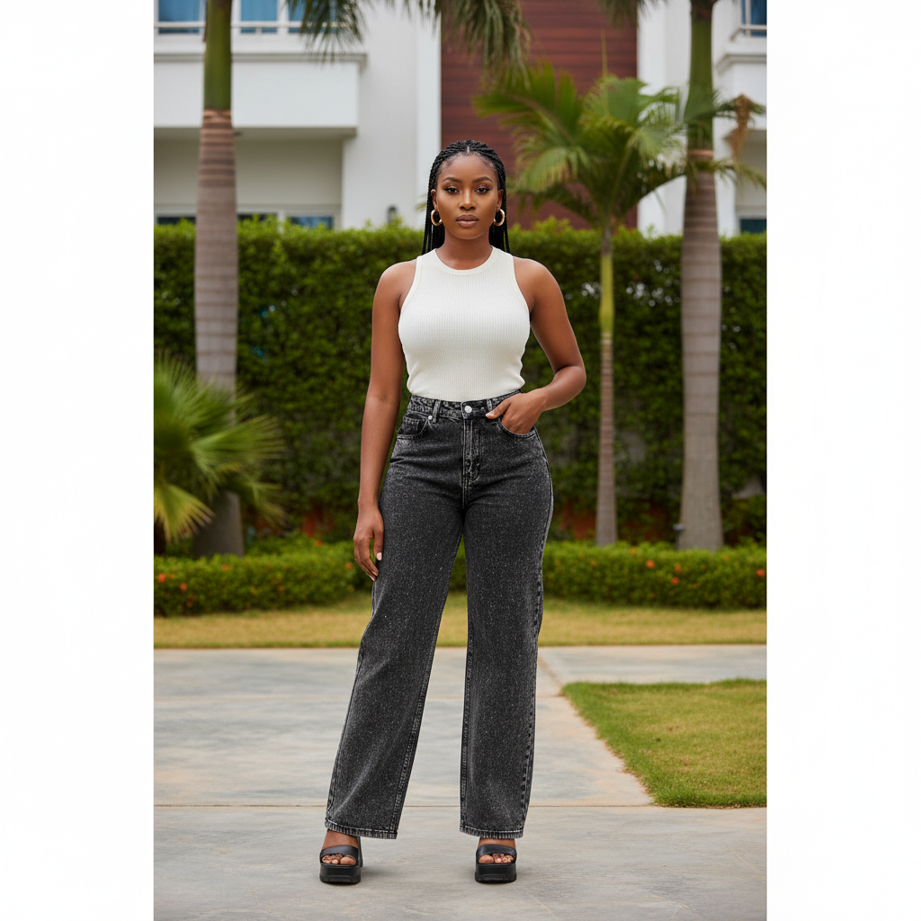 Model shot — Women's Dark Acid-Wash Wide-Leg Denim Jeans