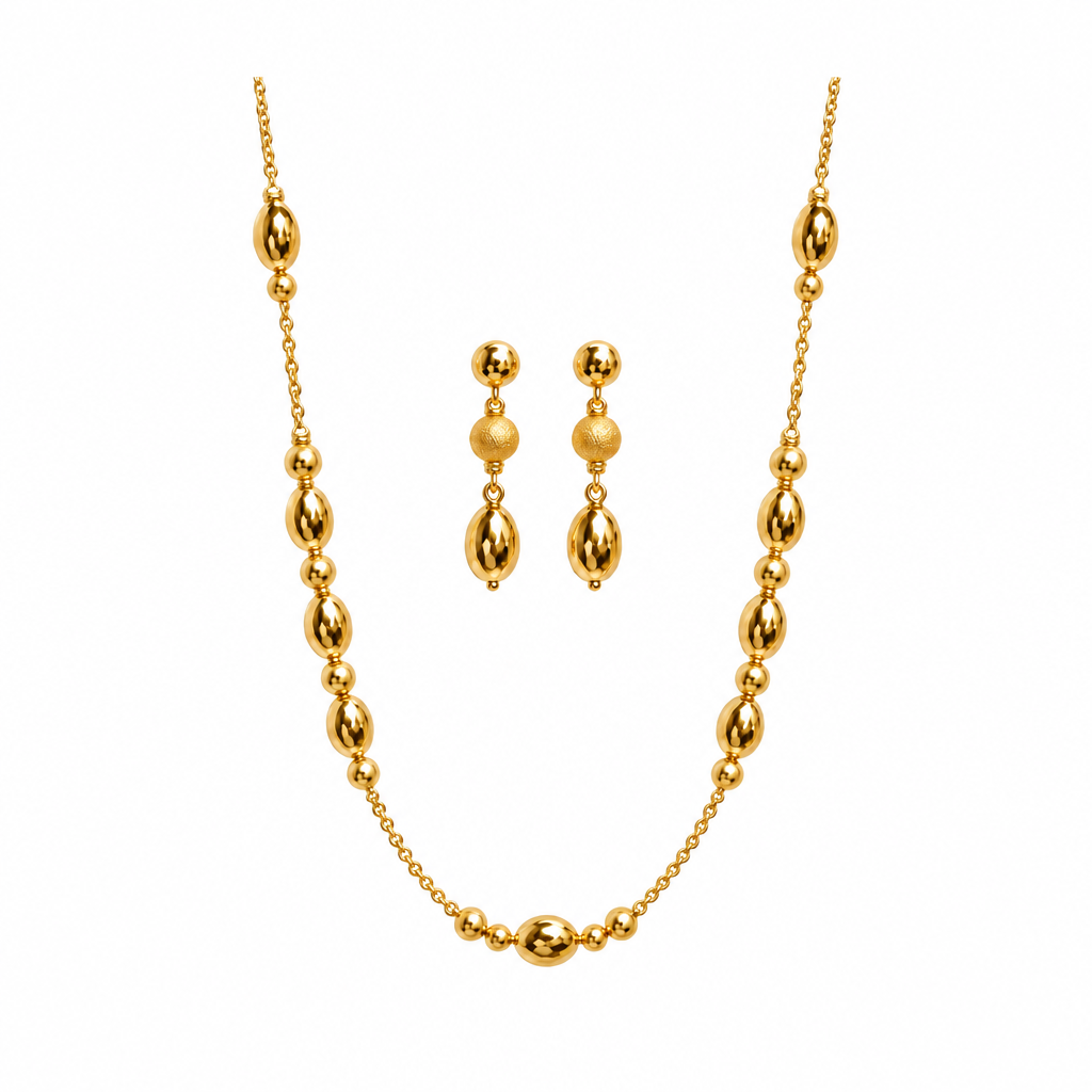 Polished gold bead necklace and drop earring set