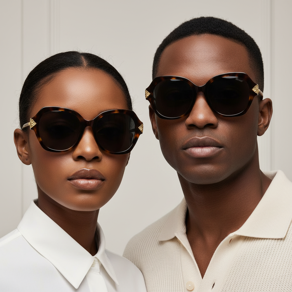 Nigerian female and male models wearing oversized round brown tortoise sunglasses with gold detail
