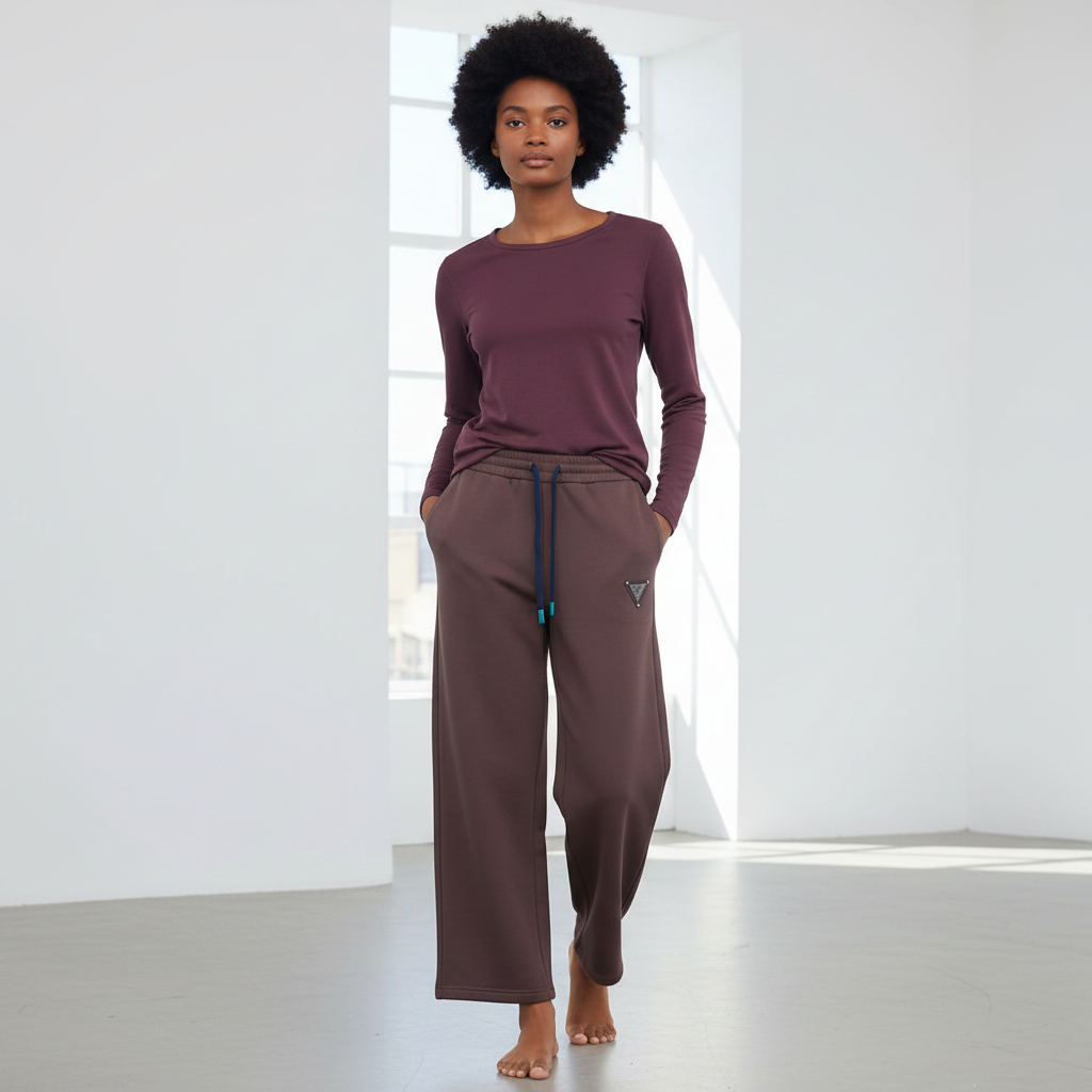 Female model wearing mauve wide-leg sweatpants