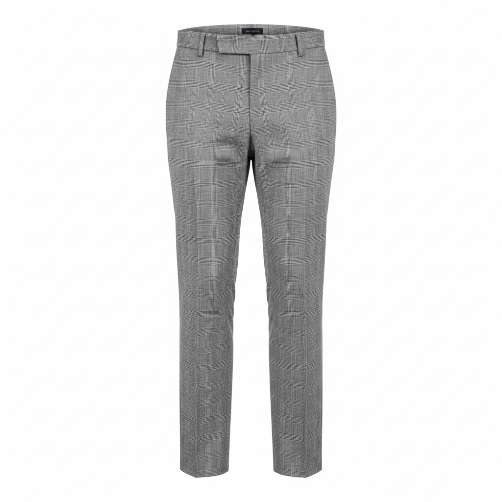 Grey plaid trousers on ghost mannequin, white background