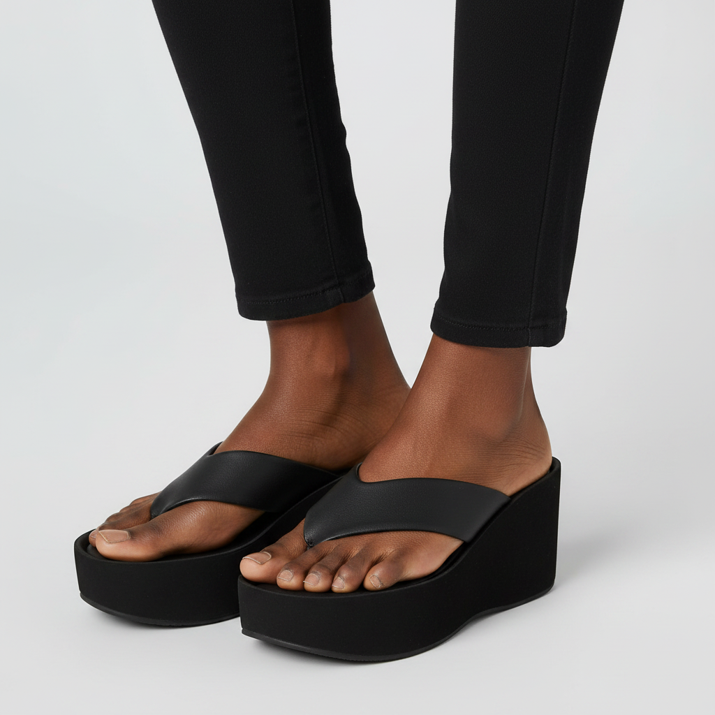 Women's Black Cross-Strap Platform Wedge Slipper - Leg Zoom