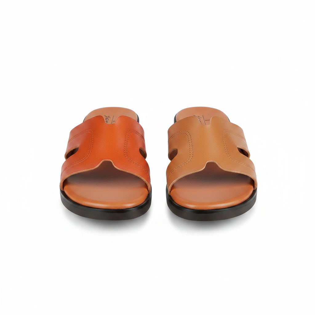 Women's orange H-strap flat slide sandal – ghost mannequin front and side view