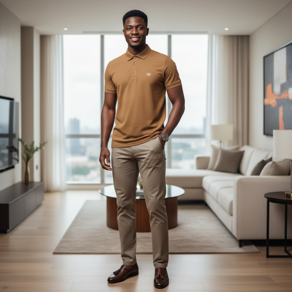 Model shot – Aribest Store Zegna Camel Brown Polo Shirt