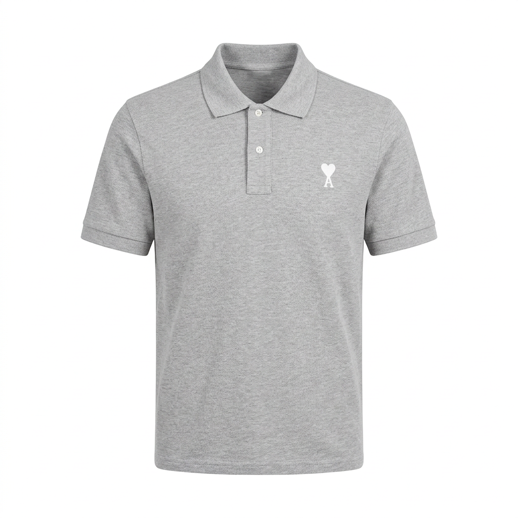 Light-grey short-sleeve polo with white buttons and white heart-and-letter chest detail